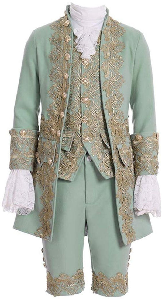 Men 3pc Green Cotton French Rococo Fashion 18th Century Suit Costume Free Lace Jabots & Cuff (HS-23)