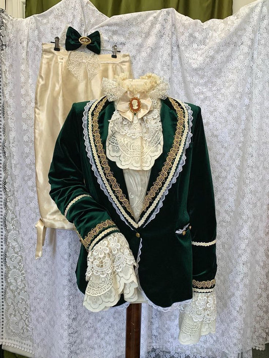 Men 3pc French Rococo Fashion 18th Century Suit Costume Hand Embroidery Free Lace Jabots & Cuff (HS-135) Bespoke Point