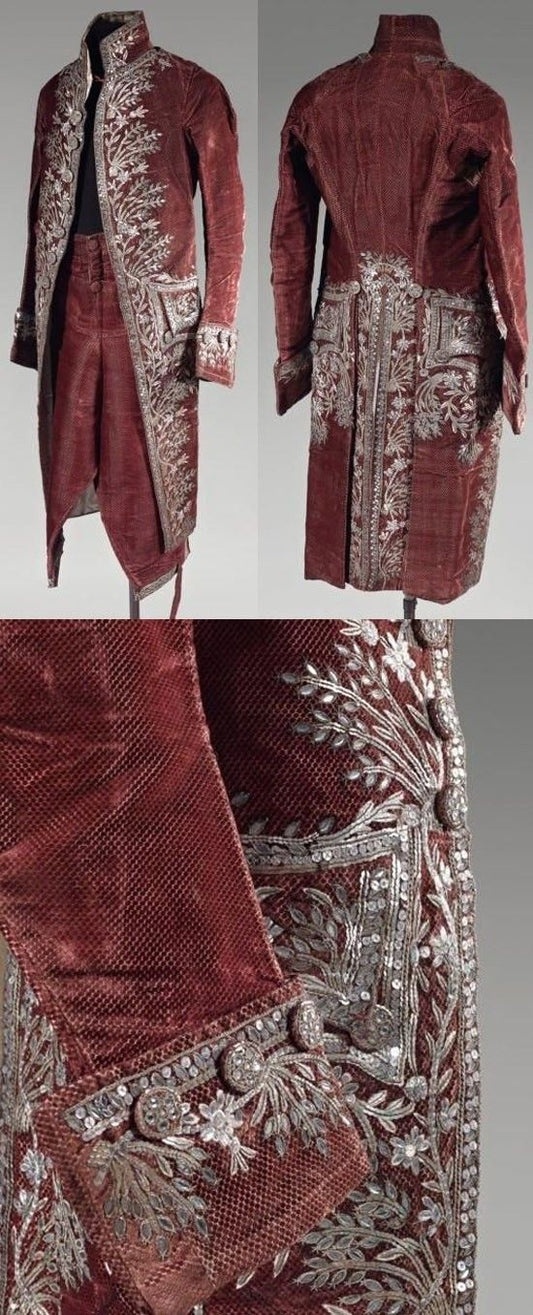 Men 3pc French Rococo Fashion 18th Century Suit Costume Hand Embroidery Free Lace Jabots & Cuff (HS-108) Bespoke Point