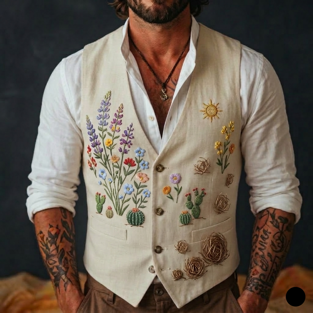 Men's Embroidered Linen Vest Boho Wedding (V-10) Bespoke Point