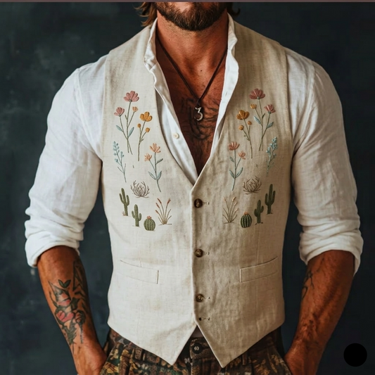 Men's Embroidered Linen Vest Boho Wedding (V-07) Bespoke Point
