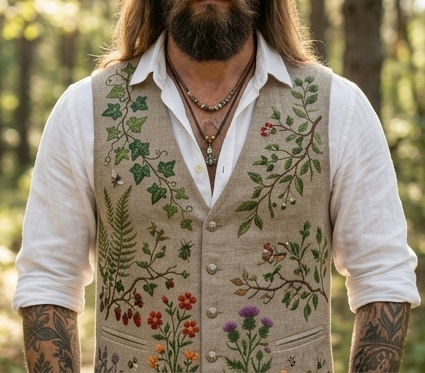Men's Embroidered Linen Vest Boho Wedding (V-16) Bespoke Point