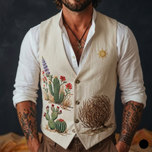 Men's Embroidered Linen Vest Boho Wedding (V-12) Bespoke Point