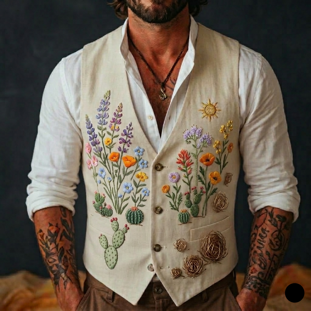 Men's Embroidered Linen Vest Boho Wedding (V-09) Bespoke Point