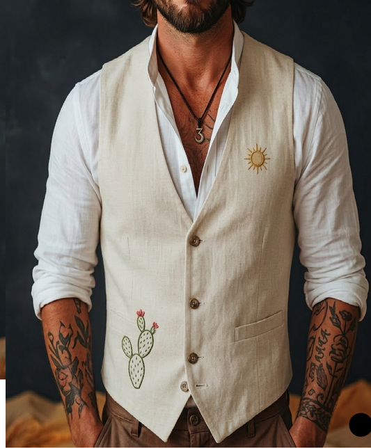 Men's Embroidered Linen Vest Boho Wedding (V-05) Bespoke Point