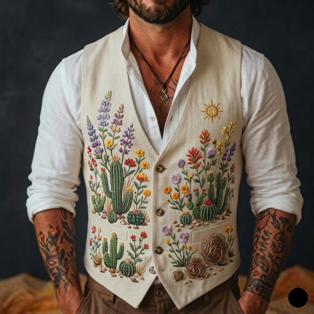 Men's Embroidered Linen Vest Boho Wedding (V-11) Bespoke Point