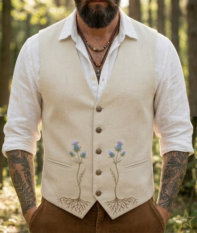 Men's Embroidered Linen Vest Boho Wedding (V-14) Bespoke Point
