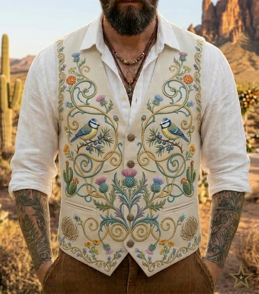 Men's Embroidered Linen Vest Boho Wedding (V-06) Bespoke Point