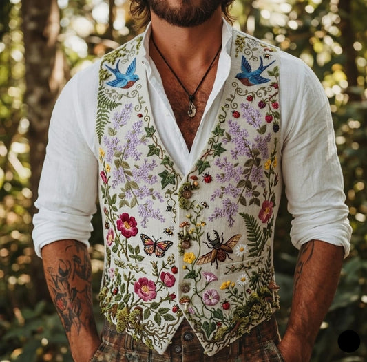 Men's Embroidered Linen Vest Boho Wedding (V-20) Bespoke Point