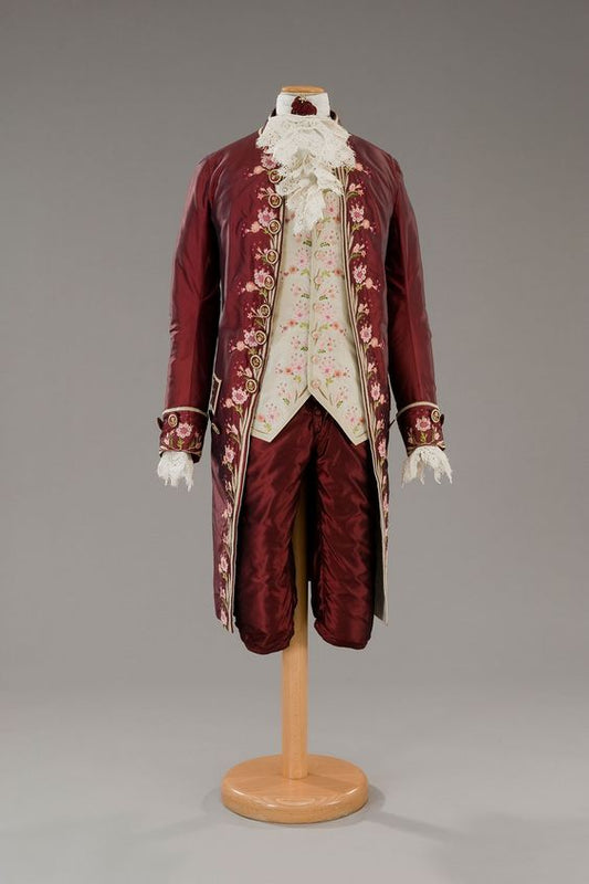 Men 3pc Red Cotton French Rococo Fashion 18th Century Suit Costume Free Lace Jabots & Cuff (HS-25)