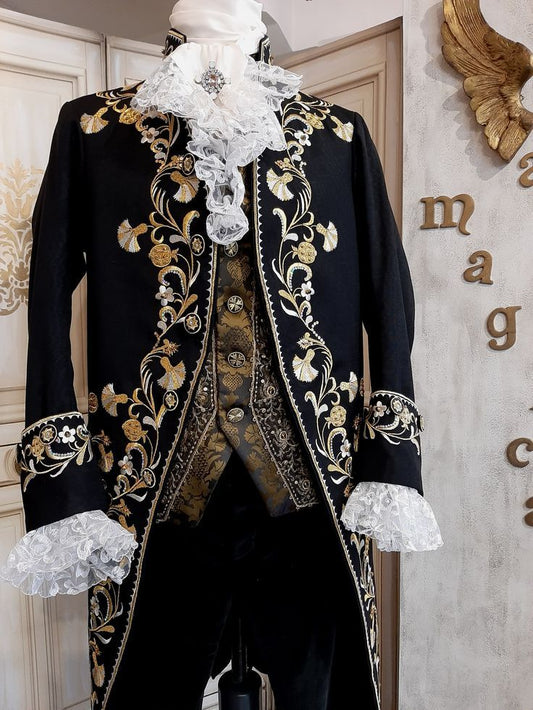 Men 3pc French Rococo Fashion 18th Century Suit Costume Hand Embroidery Free Lace Jabots & Cuff (HS-159) Bespoke Point