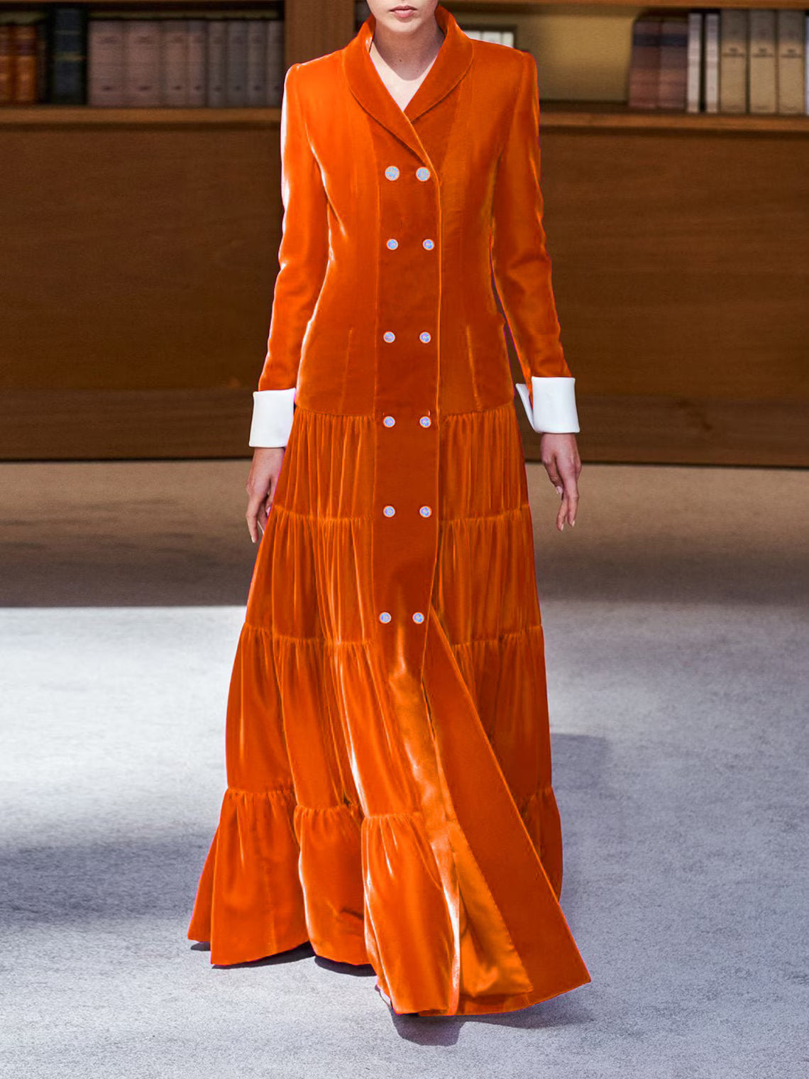 Women Custom Yellow Velvet Blazer Dress  Shawl Lapel Tiered Skirt(WS-197) Bespoke Point