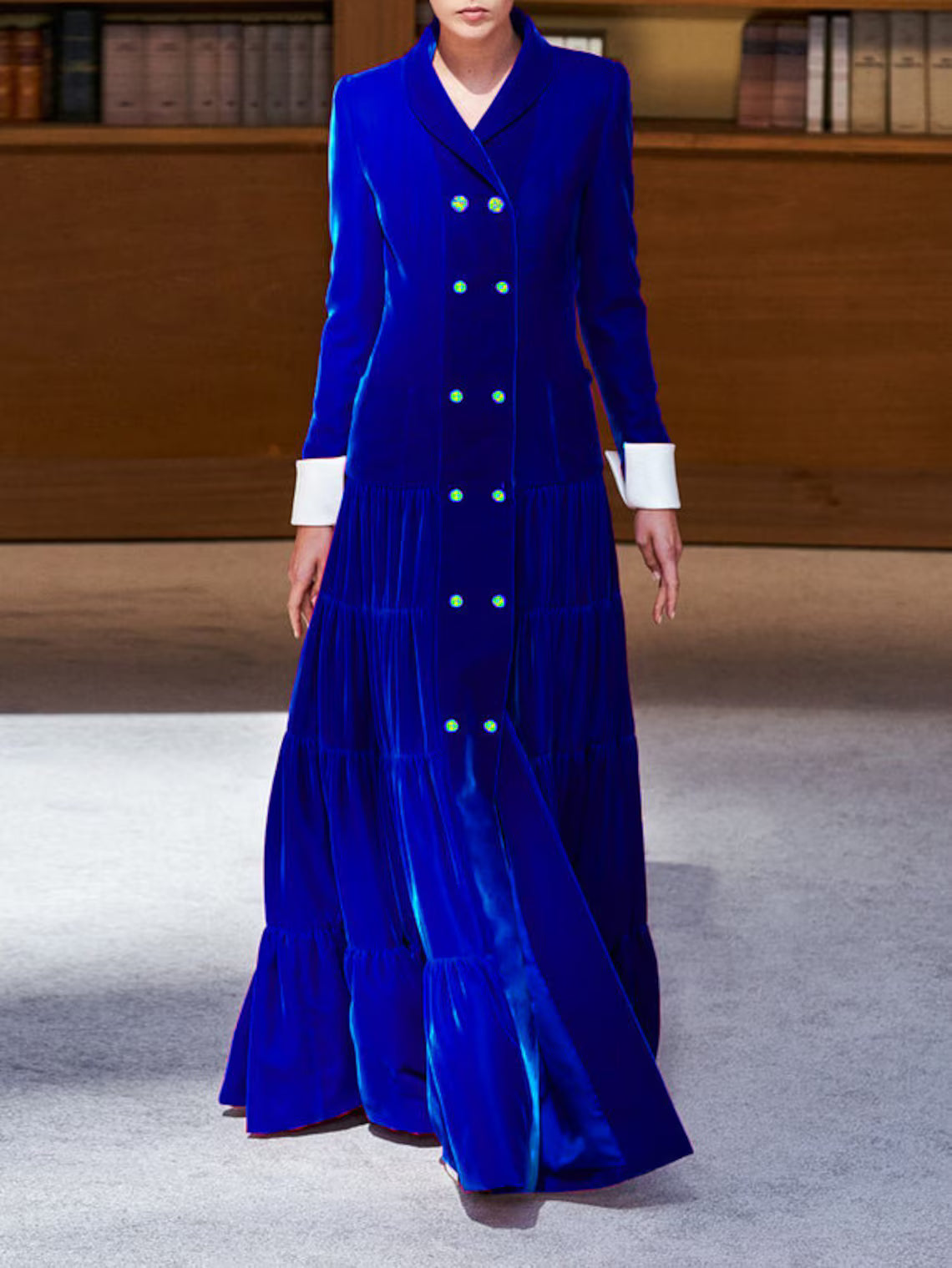 Women Custom Yellow Velvet Blazer Dress  Shawl Lapel Tiered Skirt(WS-197) Bespoke Point