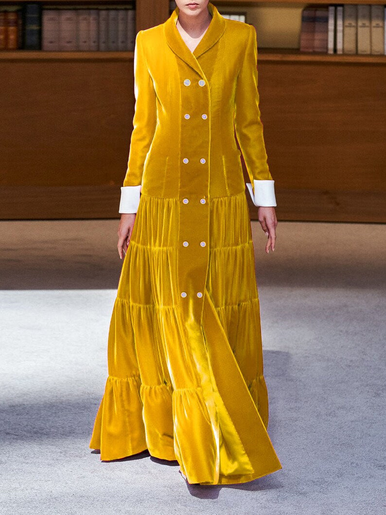 Women Custom Yellow Velvet Blazer Dress  Shawl Lapel Tiered Skirt(WS-197) Bespoke Point