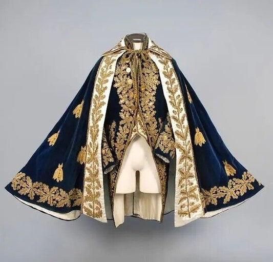 Men 3pc Blue Velvet French Rococo Fashion 18th Century Suit With Cape Costume Free Lace Jabots And Cuff (HS-03) Bespoke Point